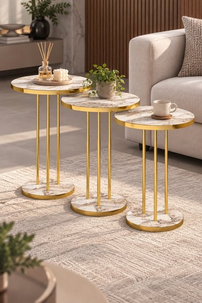 SuloraHome Efes Mermer Desenli Beyaz ve Gold Metal Ayaklı 3'lü Zigon Sehpa Ta...
