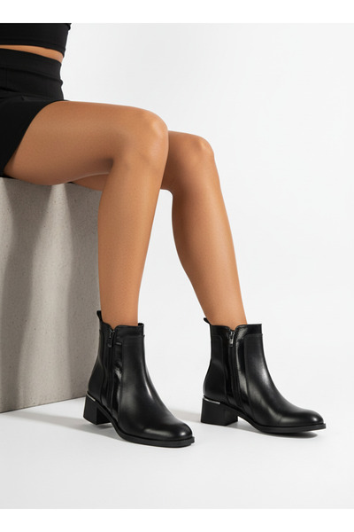 Bulls & Gulls Women's Black Side Zipper Thick Heeled Ankle Boots