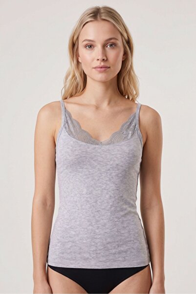 OBJE Women's Gray Melange V-Neck Lace-Up Tank Top