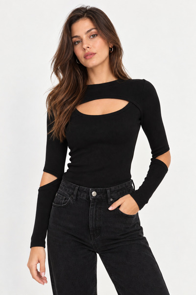 Sienza Women's Black Long Sleeve Low-Cut Blouse with Chest Detail, Stylish Bl...