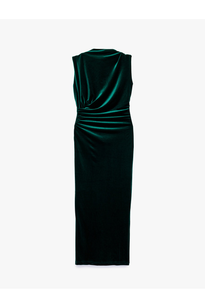Koton Slim Fit Bodycon Draped Light High Neck Slit Sleeveless Midi Length Vel...