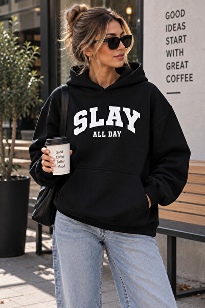 Harmandar Slay All Day Baskılı Kanguru Cepli Kapüşonlu Sweatshirt Hoodie