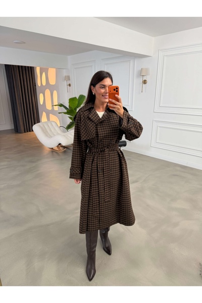 Elif Özbey Butik Hardal Rüzgarlıklı Kuşaklı Ekoseli Trenç