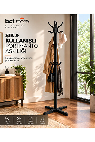 BCT STORE Siyah Portmanto Demir Gövdeli Askılık Modern Vestiyer Elbise Askılı...