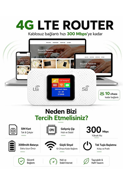 Dynego 4G LTE Taşınabilir Wi-Fi Router – 300 Mbps, 3000 mAh Batarya, SIM Kart...
