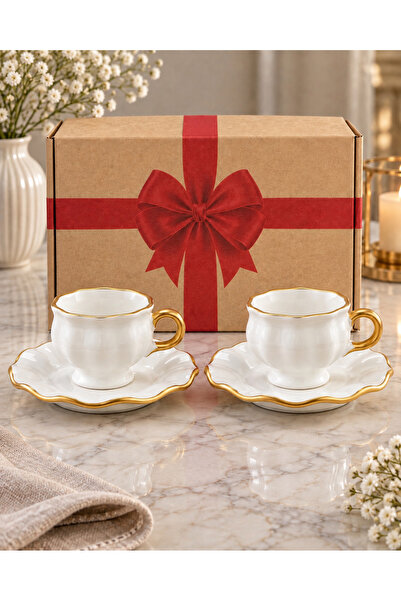 Yumuk Shop Canvas 2-Person Fold Special Boxed Gold Detailed Coffee Cup Set 90 ml