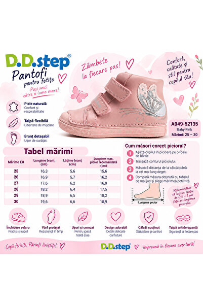 D.D.step Pantofi pentru fete A 049-52135 – Piele, Roz pal cu fluture