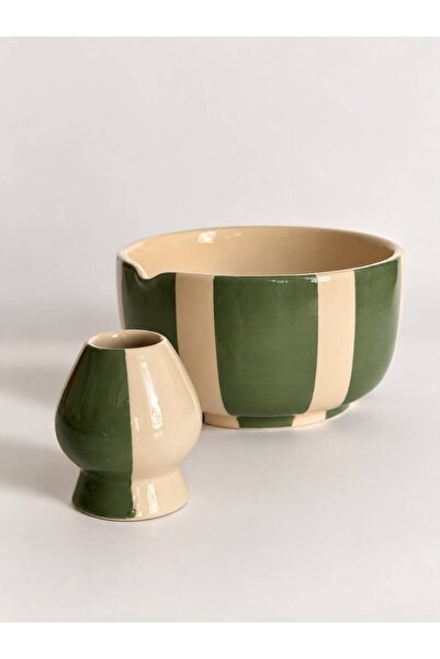 Genel Markalar Yeşil Çizgili Seramik Matcha Kasesi ve Çırpıcı Standı – Chawan...