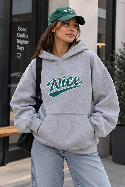 Harmandar Nice Baskılı Kanguru Cepli Kapüşonlu Sweatshirt Hoodie