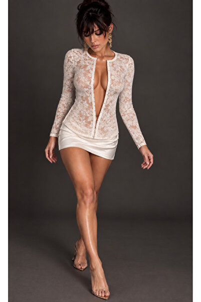 Be Best Kadın Beyaz Agraf Kapama Çiçekli Dantel Tül Bluz BE524