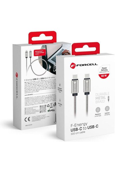 Forcell Καλώδιο USB 2.0 USB-C Αρσενικό - USB-C 60W PD Ασημί 2μ