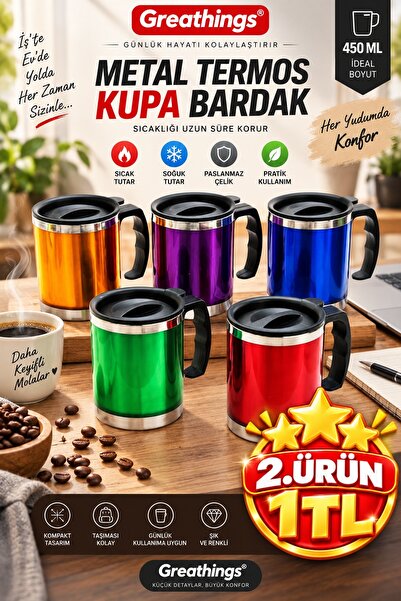Greathings 450 ml Küçük Boy Metal Termos Bardak Kapaklı Kulplu Kupa