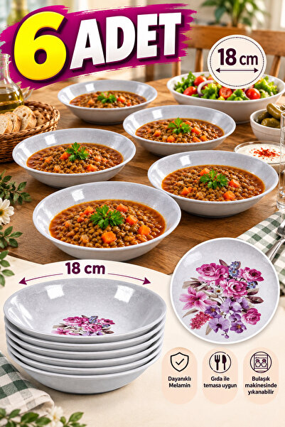 Binbirreyon 6 Adet Çiçek Desenli Melamin Tabak Seti 18cm Gri Lokanta Ev Tipi Çukur Tabak RA671
