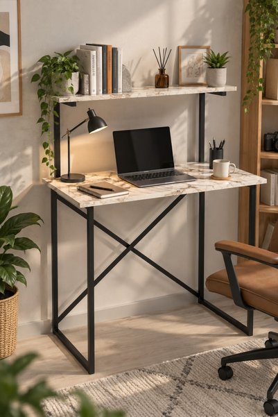 SuloraHome Beyaz Raflı Çalışma Masası