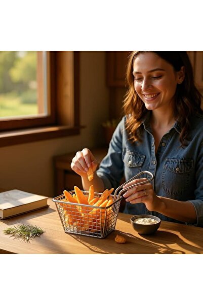 B&D Mini Square Serving Basket with Handle, Stainless Steel Wire Mesh, Restau...