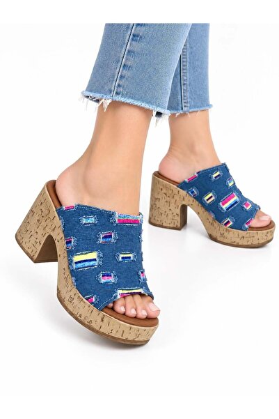 asmi shoes Papuci cu toc ortopedic cu platformă, cu talpă din plută, albastru...