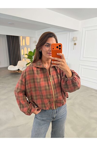 Elif Özbey Butik Kiremit Ekoseli Bomber Ceket