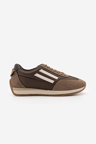 Marjin Kadın Süet Görünümlü Şerit Detaylı Çok Parçalı Bağcıklı Retro Günlük Sneaker Spor Ayakkabı Liyante Vizon Süet