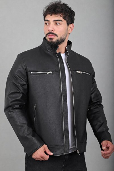 Stilkombin Double Chest Zipper Stand Collar Faux Leather Coat Kmd 819_50516