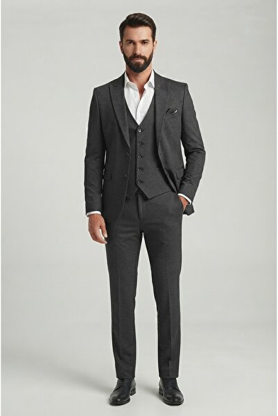 SABRİ ZENGİN Men's Anthracite Slim Fit Lycra Thick Premium Fabric 3 Piece Suit