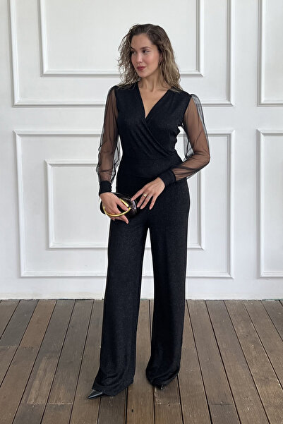 Lafaba Women's Black Double-Breasted Collar Glittery Long Evening Dress Jumpsuit