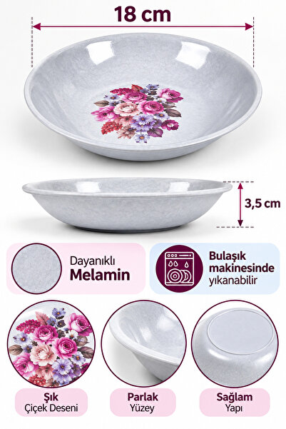 Binbirreyon 6 Adet Çiçek Desenli Melamin Tabak Seti 18cm Gri Lokanta Ev Tipi Çukur Tabak RA671