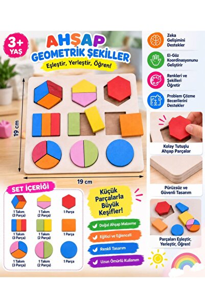BYCEGU 19x19 cm Ahşap Geometrik Şekiller Eşleştirme ve Yerleştirme Oyunu – Eğ...