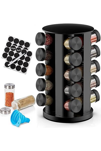 OASISGALORE Rotating Spice Rack with 20 Jars حامل بهارات, Black Stainless Ste...