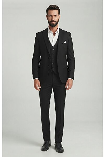 SABRİ ZENGİN Men's Black Slim Fit Lycra Thick Premium Fabric 3 Piece Suit