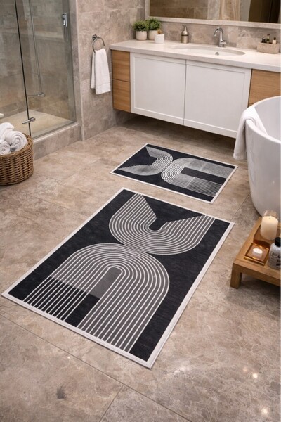 Mulberry Modern Striped Frame Bath Mat with Non-Slip Base, Soft, Set of 2