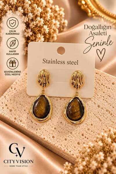cityvision Damla Model Brown Gold Color Stainless Steel Earring Set