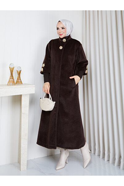 KMKkombin Stand-Up Collar, Ribbed at the Hem, Gold Button Detail, Fok Fabric, Stylish Coat/Jacket