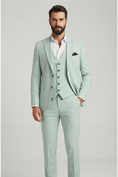 SABRİ ZENGİN Men's Mint Slim Fit Lycra Thick Premium Fabric 3 Piece Suit