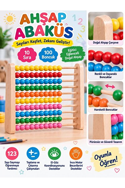 BYCEGU Renkli Ahşap Abaküs 10 Sıra 100 Boncuk – Sayı Sayma ve Matematik Öğren...