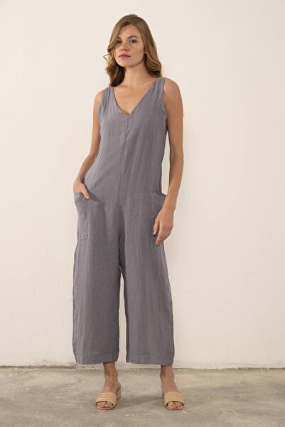 İpekçi Otantik Pure Linen V-Neck Women's Jumpsuit