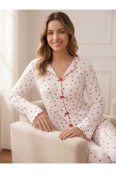 Asel Women's Long Sleeve Patterned Bow Detailed Camisole Fabric Pajama Set