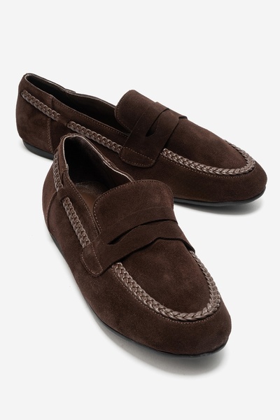 LuviShoes FRANCIS Kahverengi Süet Hakiki Deri Örgü Detaylı Kadın Loafer Ayakkabı