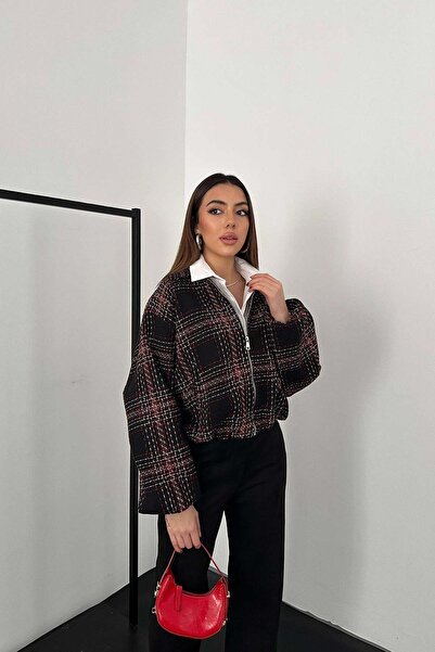 Caddebostan Moda Kadın Fermuarlı Ekoseli Kısa Ceket Bomber Model Mevsimlik Mont
