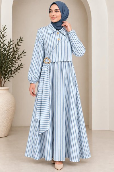 Miss Meliss Shirt Collar Buckle Striped Sports Dress
