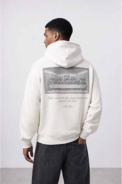 Respire Erkek Da Vinci Baskı Detaylı Oversize Hoodie Ekru
