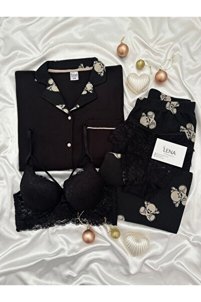 Lena Homewears Μαύρο σετ πιτζάμες βάφλας premium με σχέδιο αρκουδάκι, 4 τεμαχ...
