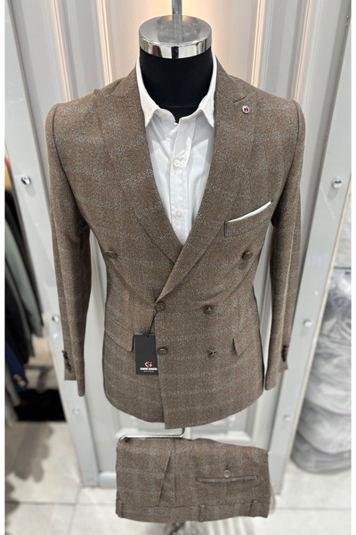 SABRİ ZENGİN Men's Light Brown Plaid Patterned Slim Fit Double Breasted Suit