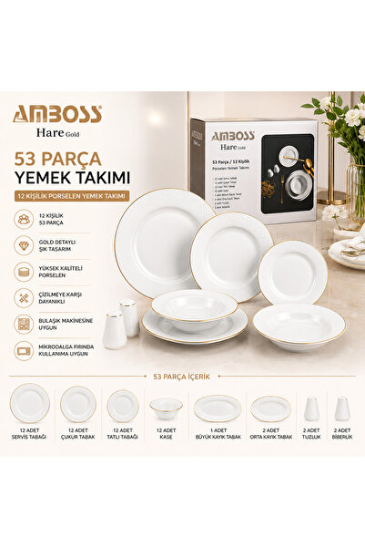 Hare Gold 53 Parça 12 Kişilik Porselen Yemek Takımı