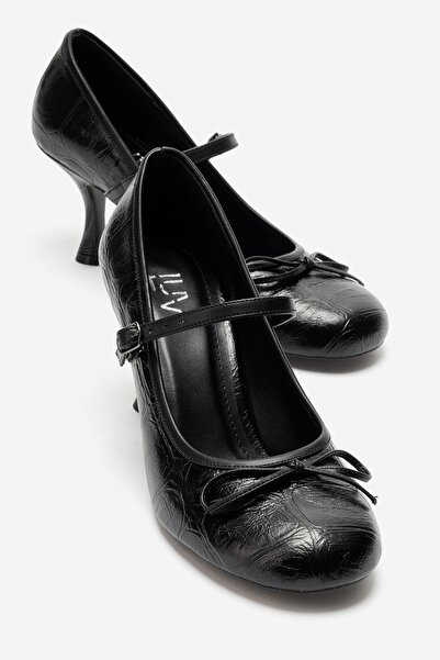 LuviShoes Acland Black Print Bow Women's Heeled Shoes