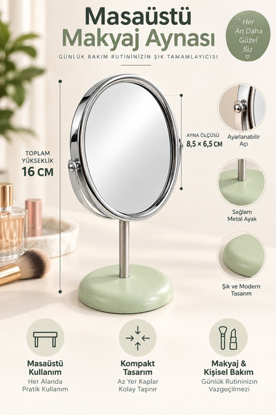 DOVİHOME Masaüstü Makyaj Aynası – Ayarlanabilir Oval Ayna, Krom Çerçeveli Kom...