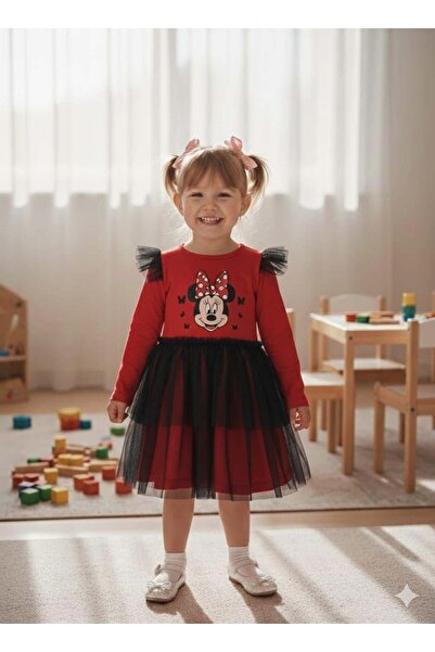 Buse&Eylül Bebe Rochie pentru fetiță bumbac moale cu mâneci lungi din tul roșu