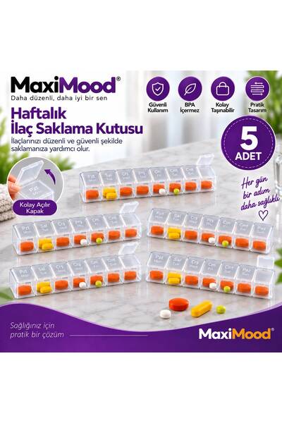 MaxiMood Haftalık İlaç Hap Saklama Kutusu Kabı 5 adet