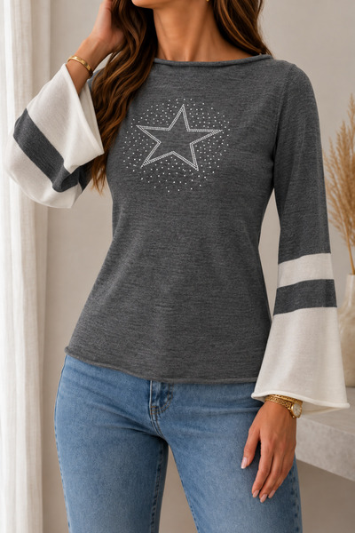 hanope Women's Boat Neck Spanish Sleeve Stone Star Detailed Relaxed Cut Anthr...