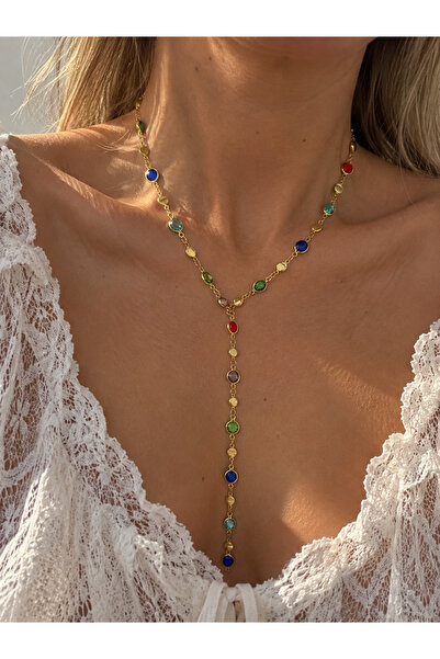 GLARE JEWELRY CO قلادة على شكل حرف Y من الفولاذ المقاوم للصدأ مرصعة بحجر الزر...