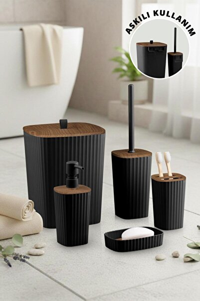 Altabi Set de baie cu model din lemn negru safir, cu dungi, 5 piese din plastic